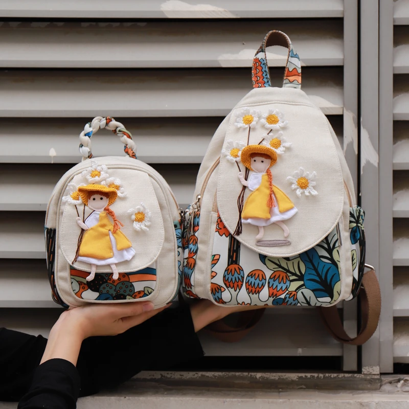 原创小清新手工特色百搭亲子帆布背包立体卡通女孩超轻简约双肩包