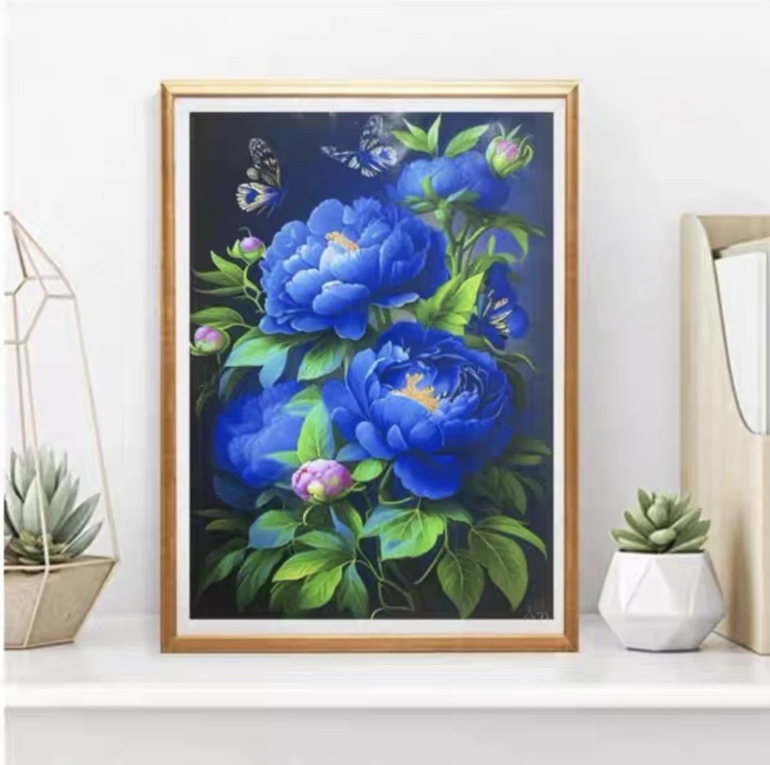 手工款：蓝色牡丹花65x85大格四股满绣