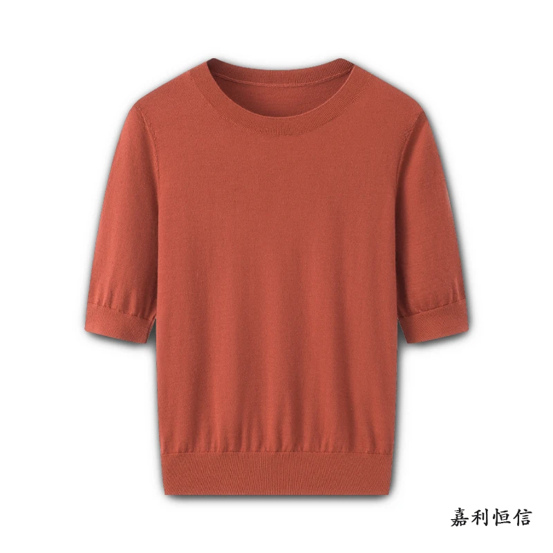 【匠心工艺】精致典雅女式纯色纯山羊绒精纺圆领半袖套衫