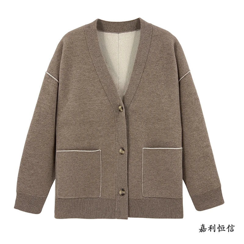 【匠心工艺】宽松慵懒空筒夹丝纯山羊绒女式双面V领开衫