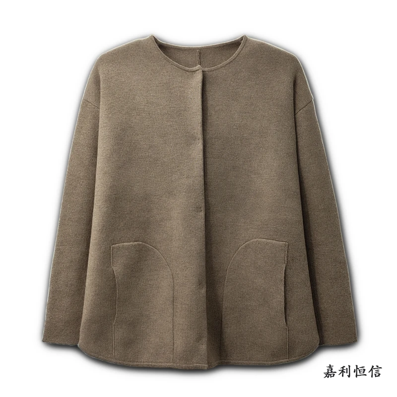 【匠心工艺】优雅时尚双提暗扣女式纯山羊绒带兜圆领开衫