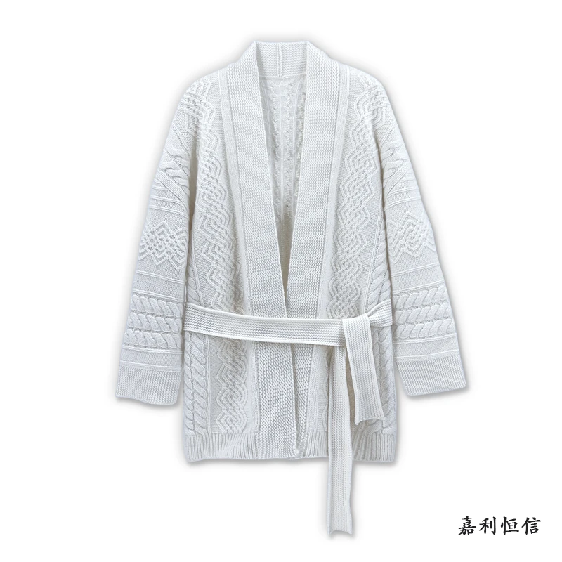 【匠心工艺】浪漫别致云柔感纯山羊绒女式绞花系腰带中长款开衫