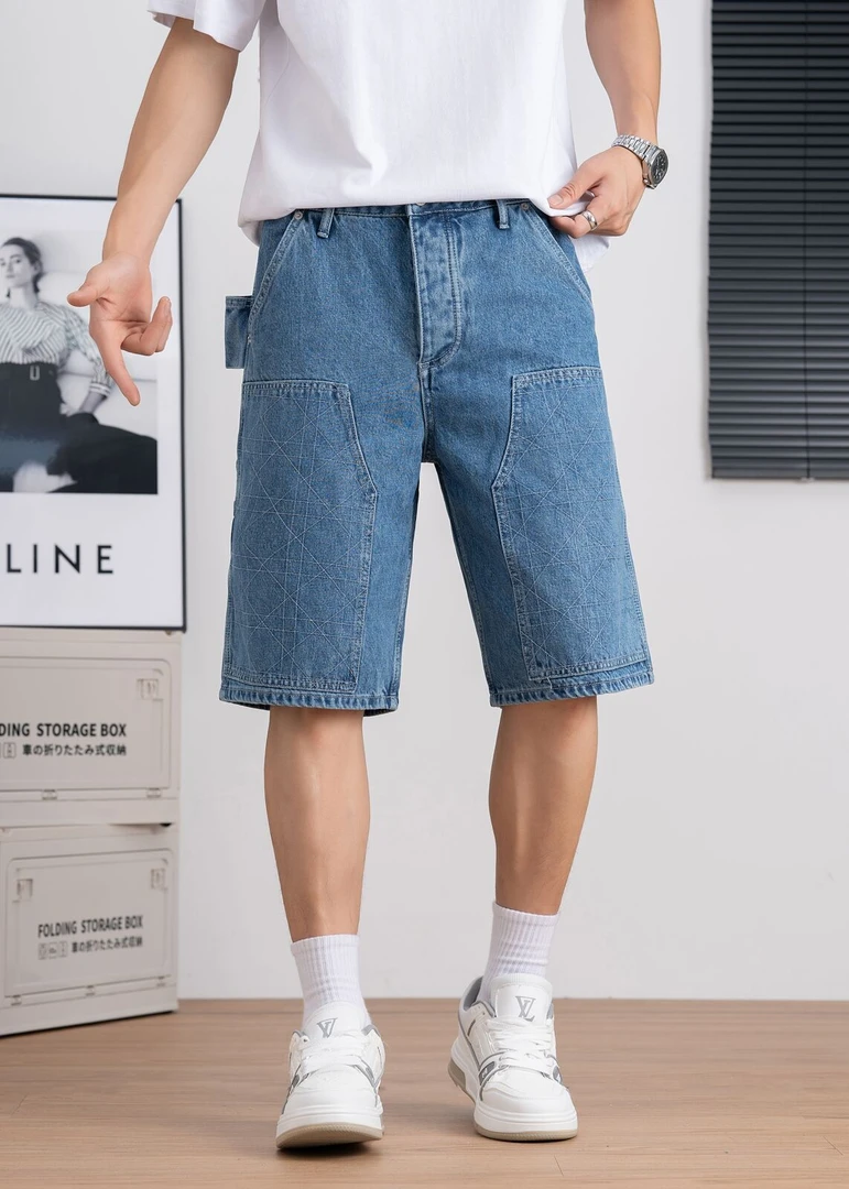 【牛仔裤】RS牛仔裤重工洗水五分短裤男士时尚百搭宽松牛仔裤中裤蓝