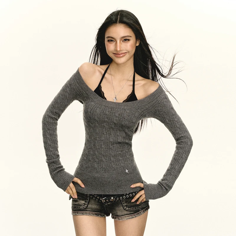 Ariseism   美式复古绞花圆领修身长袖针织衫女秋冬