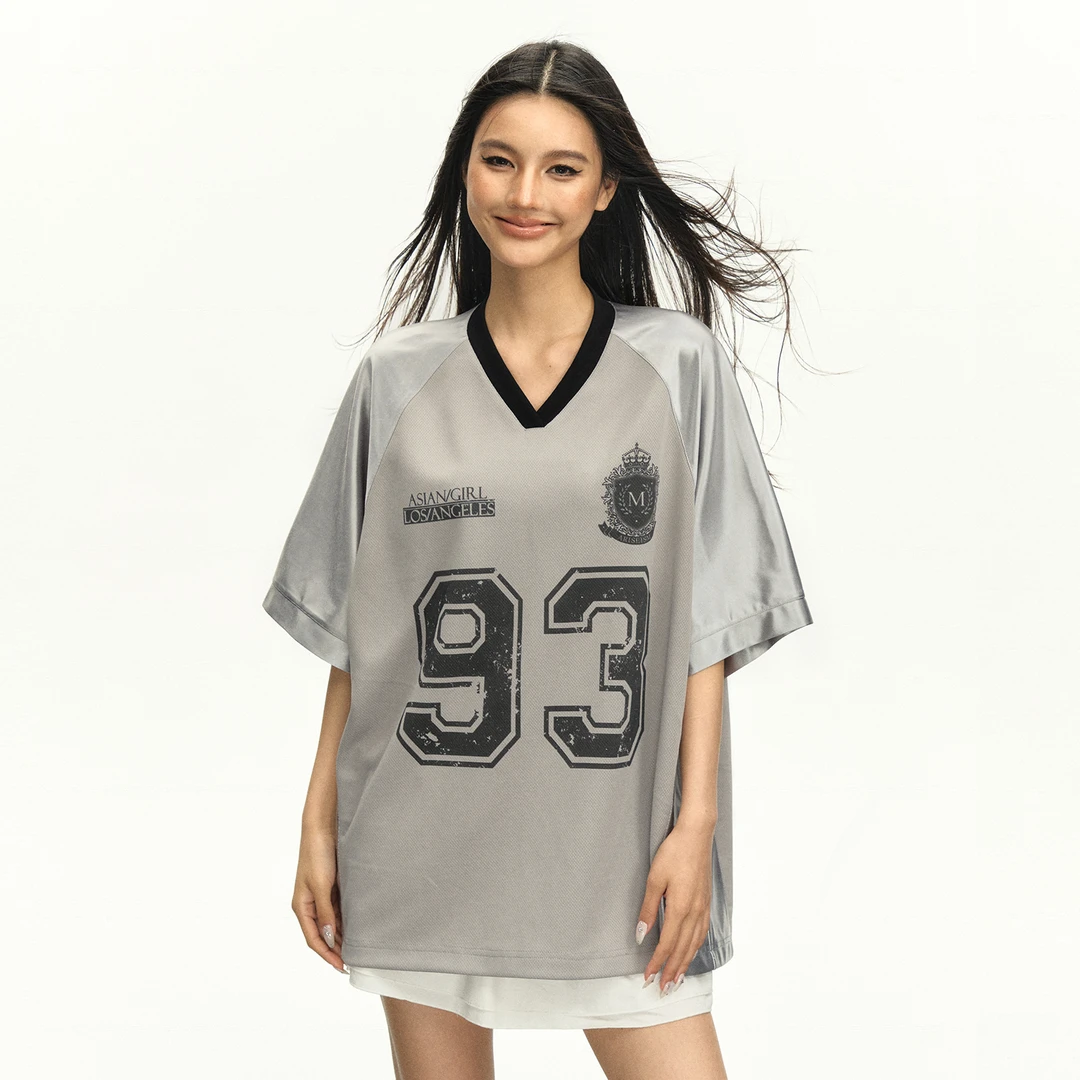 Ariseism 美式复古灰色缎面拼接宽松球衣t恤女