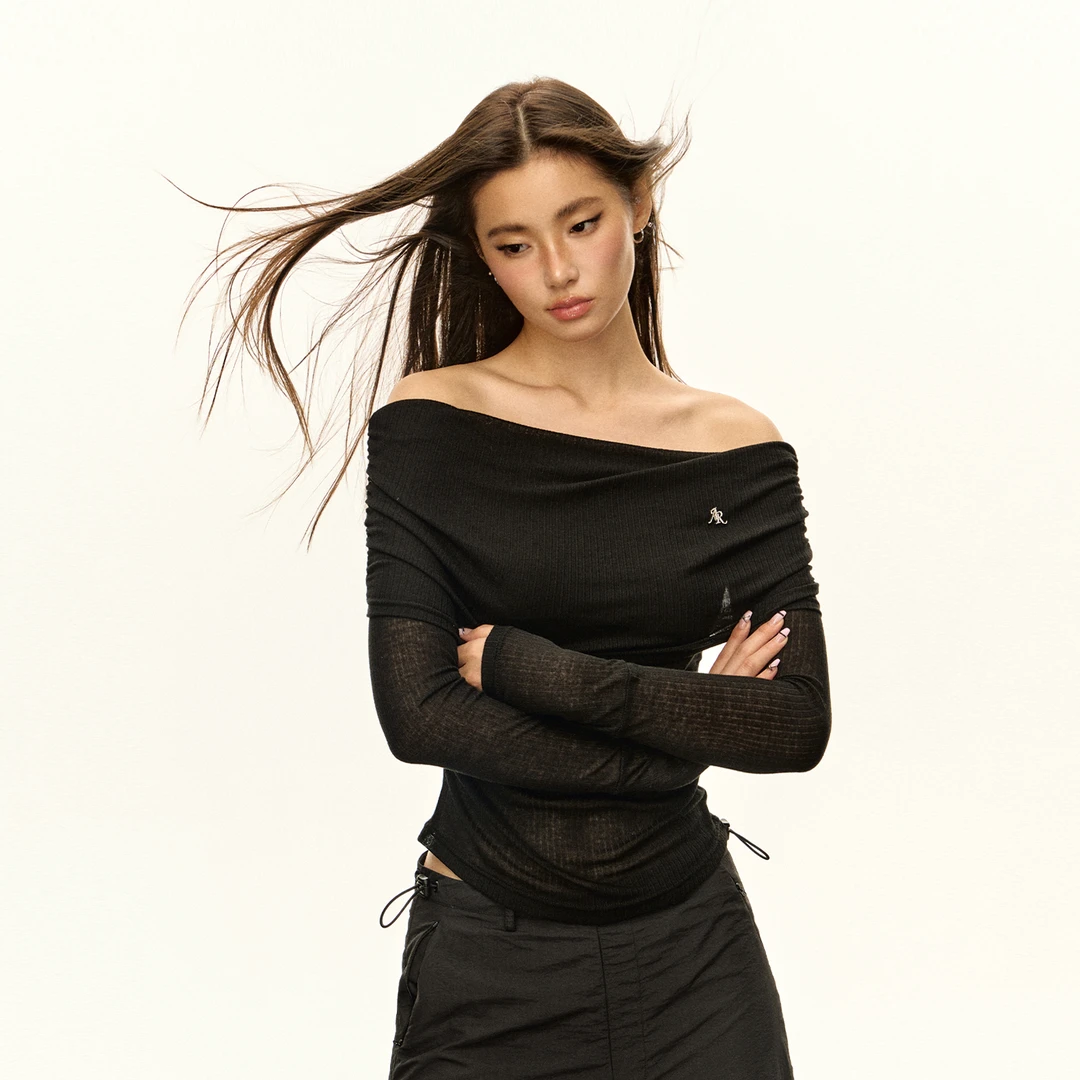 Ariseism 美式复古一字肩针织长袖上衣女春秋新款内搭打底衫