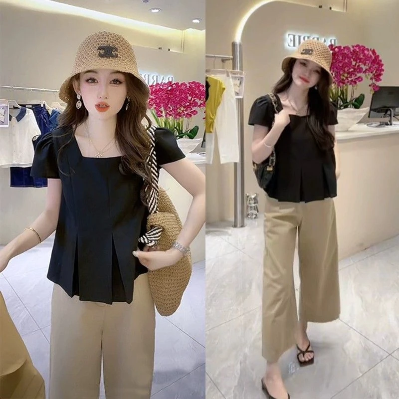 TR棉法式方领短袖T恤女2024夏季新款设计感韩版ins多巴胺显瘦上衣