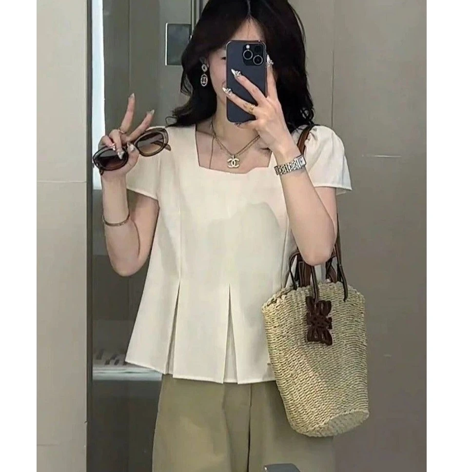 95棉法式方领压褶短袖T恤女2024夏季新款设计感多巴胺显瘦上衣