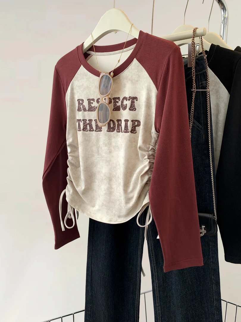 早秋抽绳插肩袖长袖t恤女初秋小个子美式修身内搭秋季打底衫上衣