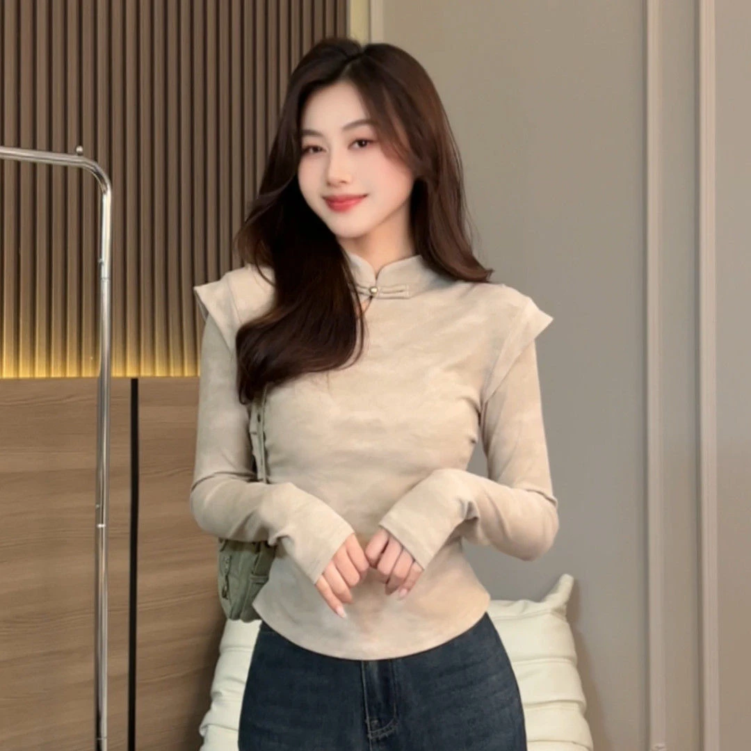 人棉中式国风立领盘扣长袖秋冬新款修身显瘦复古打底衫复古上衣