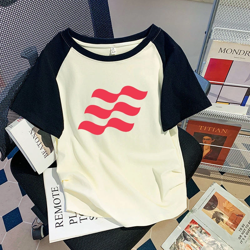 95棉短袖肩袖修身夏季不规则通勤设计复古正肩拼接百搭圆领上衣