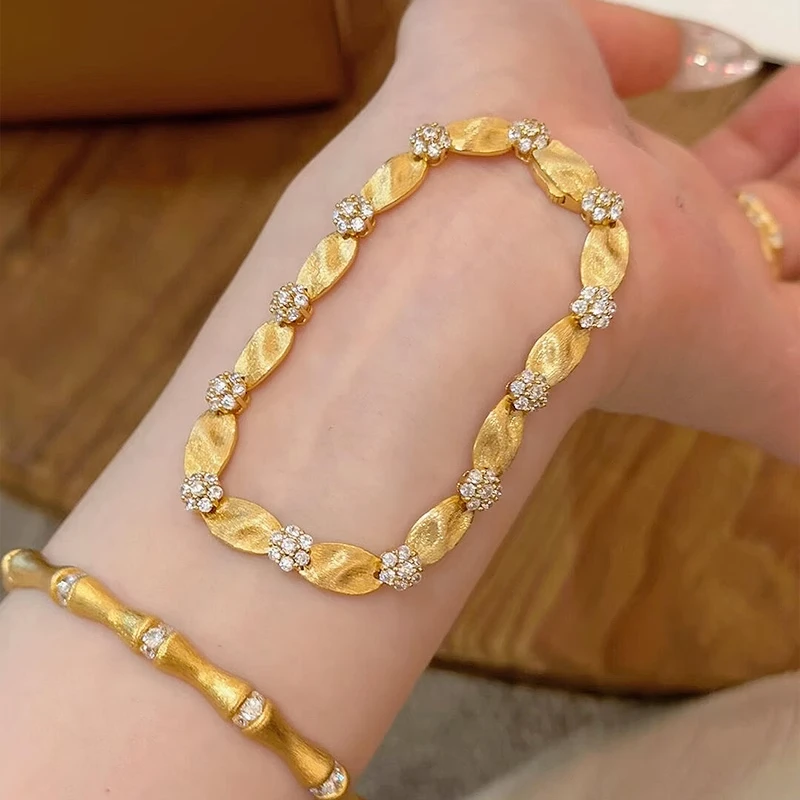 铜合金手链 vintage金色拉丝花朵缎带手链女法式轻奢复古叠戴手饰