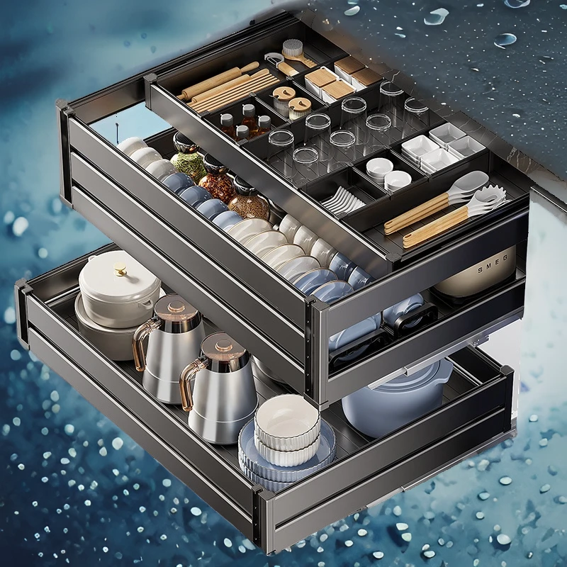 铝合金双层拉篮橱柜碗碟篮抽屉三层阻尼家用太空铝大容量加厚灰色