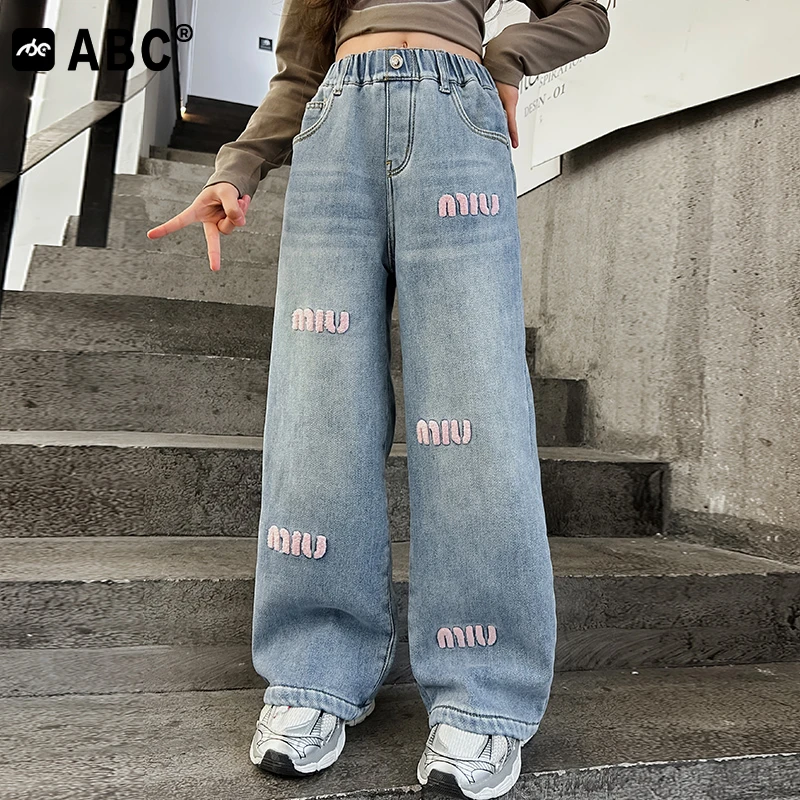 ABC女童秋冬加绒直筒牛仔裤儿童宽松秋季裤子中大童韩版百搭长裤