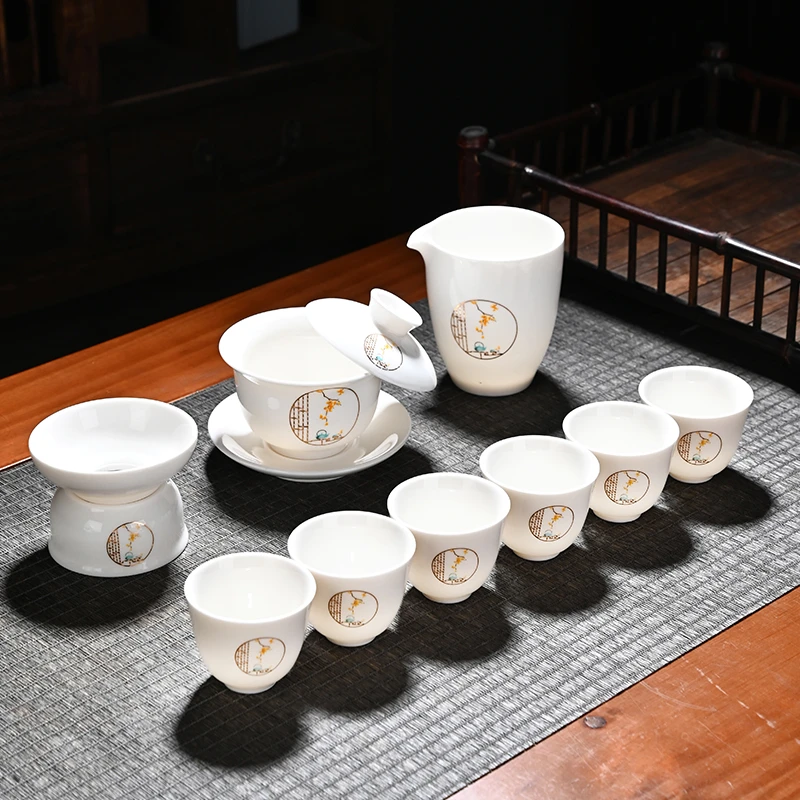 可悬停旋转羊脂玉茶具家用功夫茶具套装整套盖碗茶壶泡茶专用茶杯