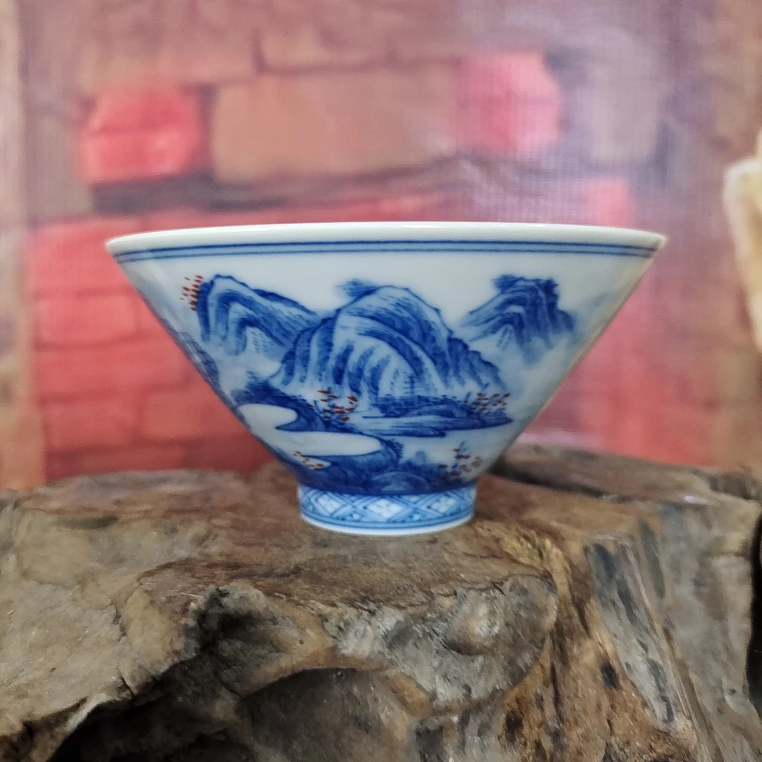 手工制作柴窑烧制山水斗笠杯