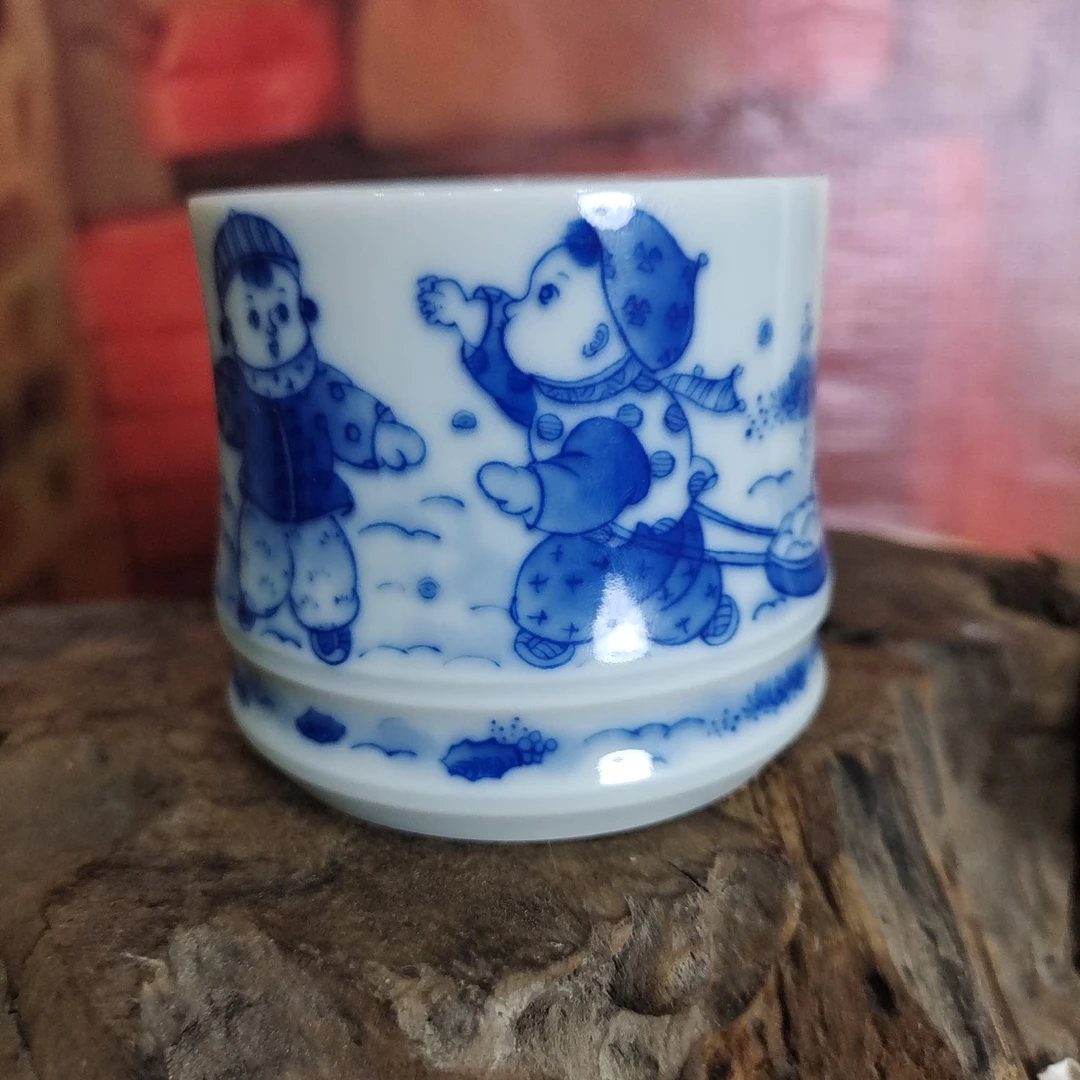 全手工制作柴窑烧制100毫升童子图案竹节杯瓷杯茶杯陶瓷