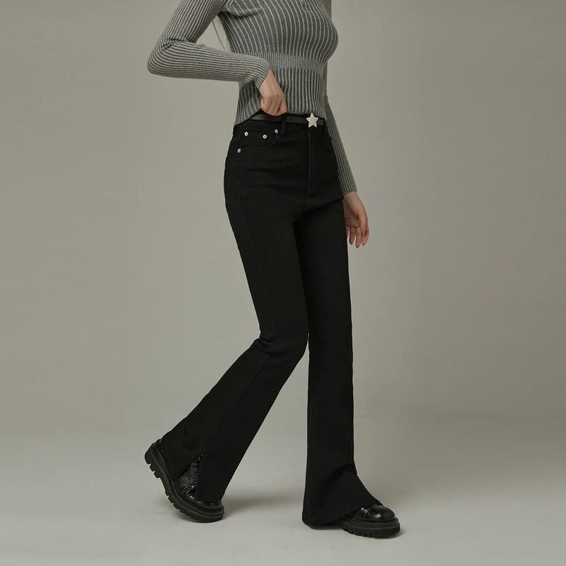 【39】CHUU高腰复古微喇磨毛开叉高腰牛仔裤DRFI001J