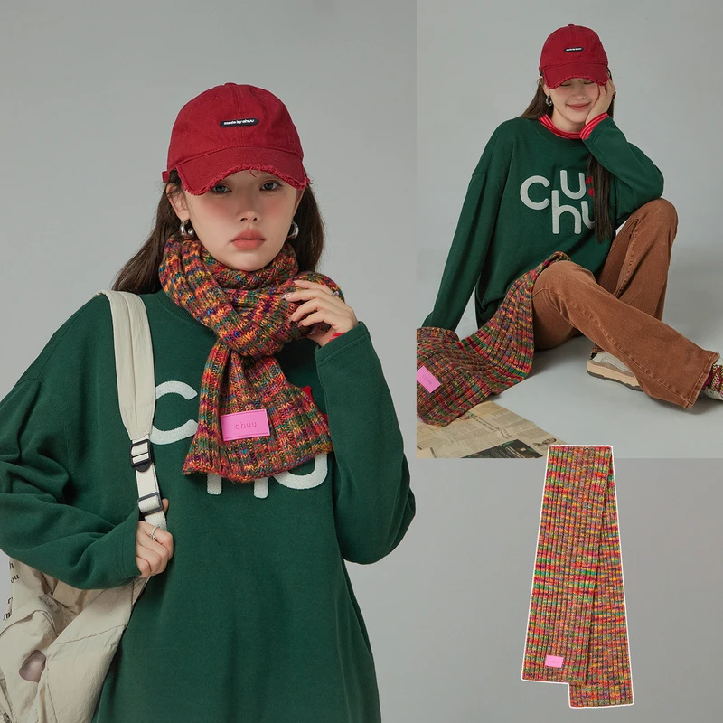 CHUU彩色条纹保暖长款贴标针织围巾CHY0318W百搭印花韩版秋冬围脖