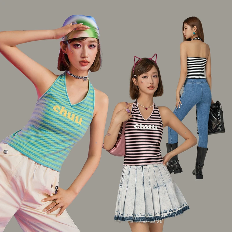 CHUU条纹挂脖设计穿搭露背心机修身背心吊带DHSH007J