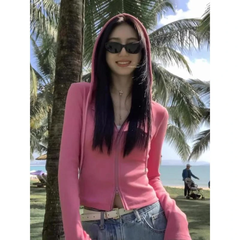 粉色抽绳连帽开衫卫衣女春季新款双头拉链设计感显瘦修身上衣外套