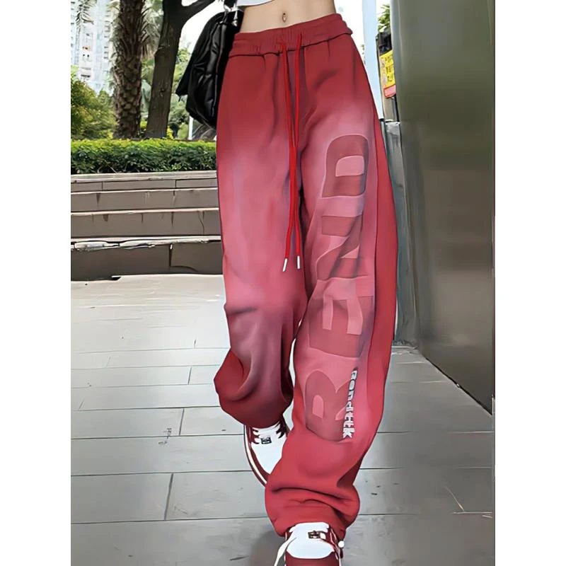 潮流渐变色加绒抽绳卫裤女秋冬字母印花宽松显瘦束脚运动阔腿长裤