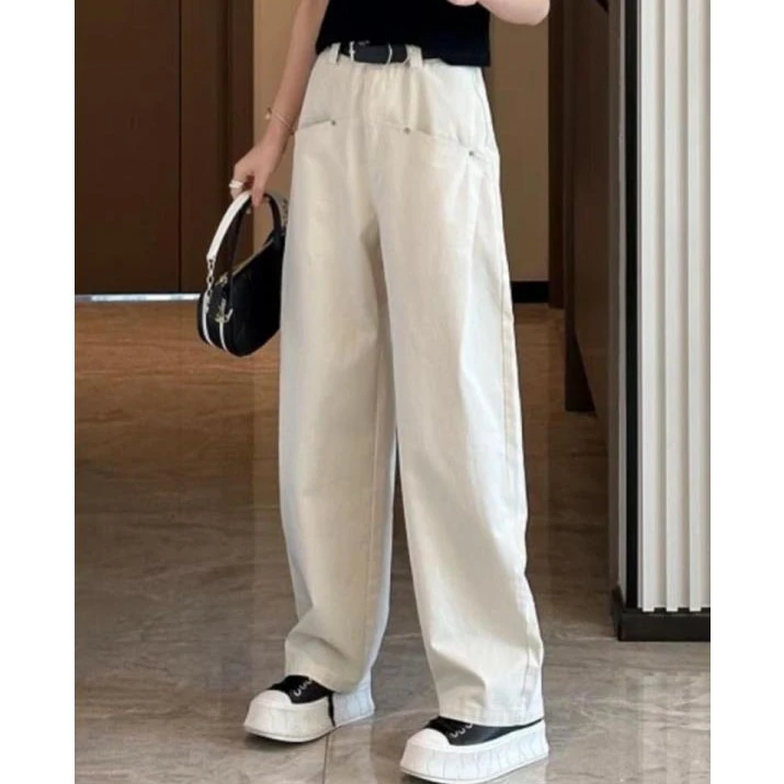 小众直筒白色休闲裤女2025春秋款新款口袋设计高腰宽松显瘦阔腿裤