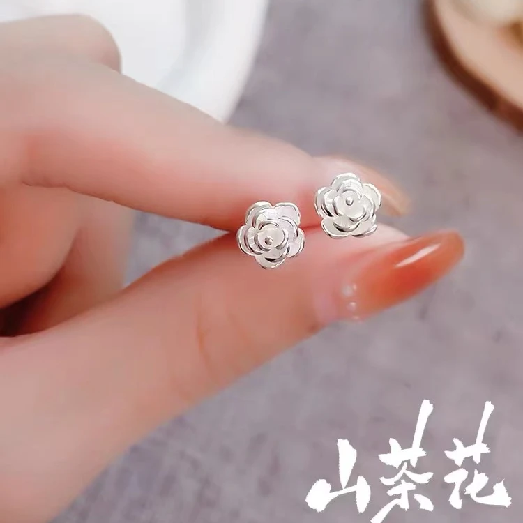 足银耳饰 山茶花气质耳钉百搭复古小众简约精致小巧