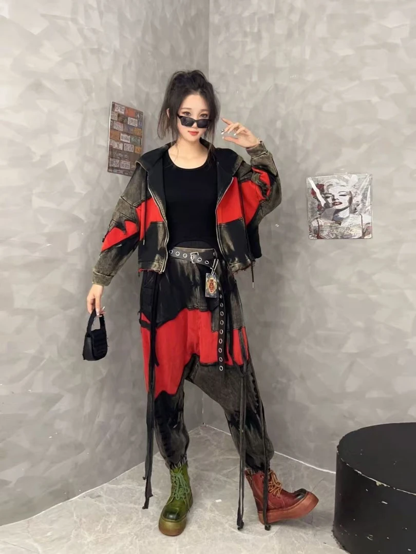 大码潮牌炸街个性时尚重工做旧外穿纯棉女士宽松连帽卫衣吊裆裤