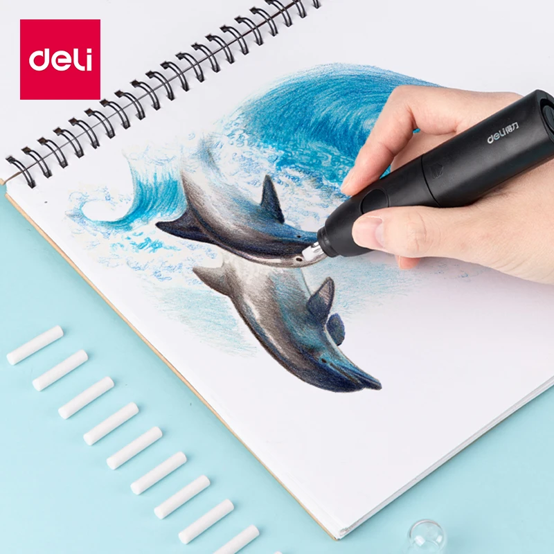 Deli/得力黑色橡皮檫学生磨砂电动橡皮涂改绘画美术橡皮送10枚芯