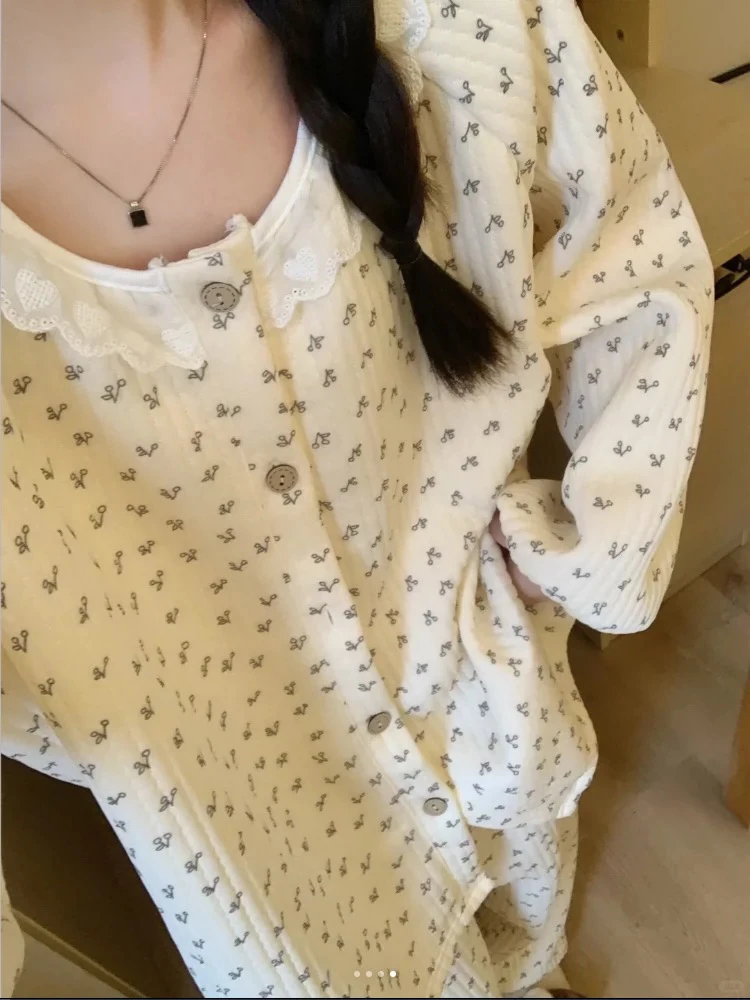 夹棉秋冬新款小樱桃睡衣女空气棉加厚保暖蕾丝花边甜美家居服套装