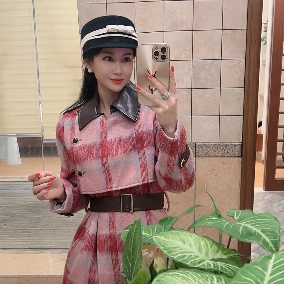 A1121（粉色格子） 法式名媛气质高端毛呢翻领大衣秋冬