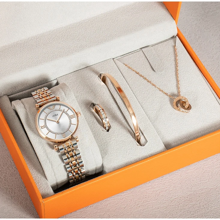 时尚经典款摩天轮女士钢带间金腕表98685+B02首饰礼盒