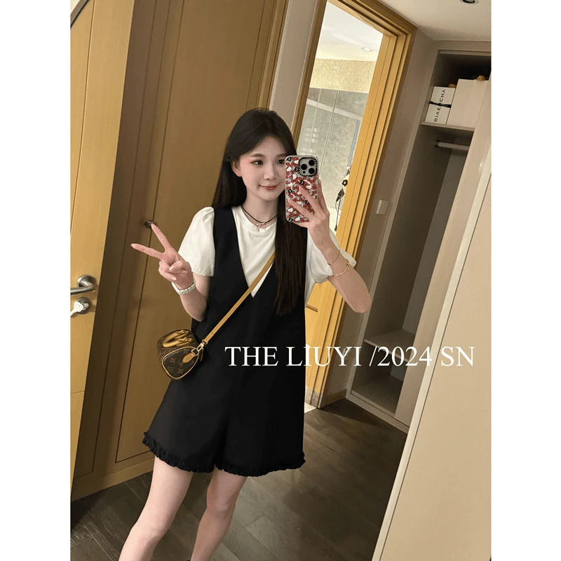 2024新款告白气球套装～花苞袖T恤+减龄背带西装短裤