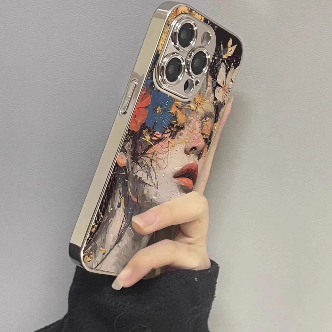 油画女孩适用苹果17promax手机壳新款iphone16电镀保护套新款高级