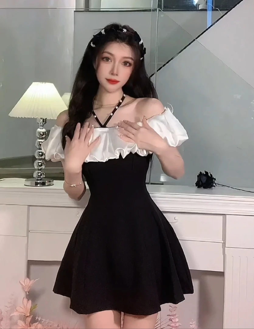 （清清专场）挂脖荷叶边一字肩飞飞袖两穿小个子连衣裙气质赫本伞裙