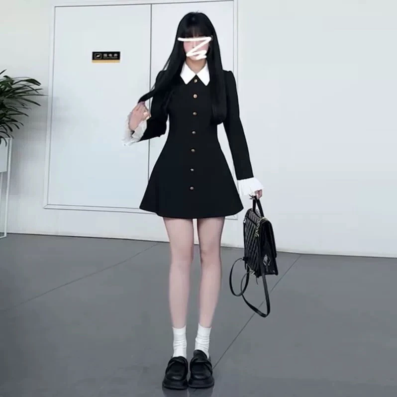 (清清专场)巴黎夜未晚 赫本风长袖设计感拼接短连衣裙
