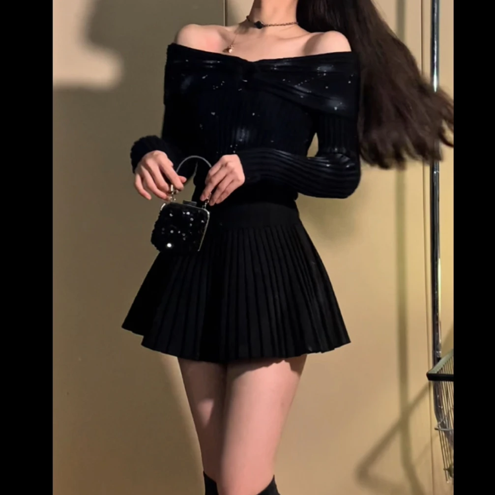 喷漆高级感一字肩针织衫女秋季辣妹修身显瘦毛衣