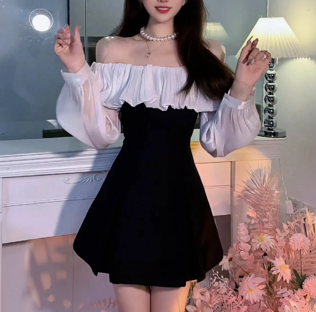 （清清专场）一字肩飞飞袖两穿轻熟风荷叶边收腰显瘦连衣裙女