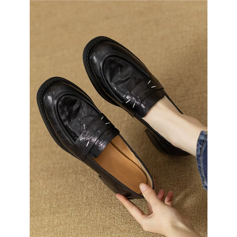 法式平底马丁真皮圆头乐福鞋女英伦风黑色软底小皮鞋百搭乐福鞋