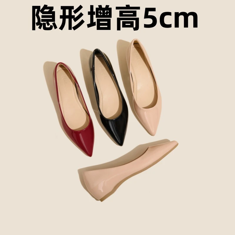 时尚真皮法式新款内增高尖头平底鞋女百搭通勤爆款上班族单鞋浅口