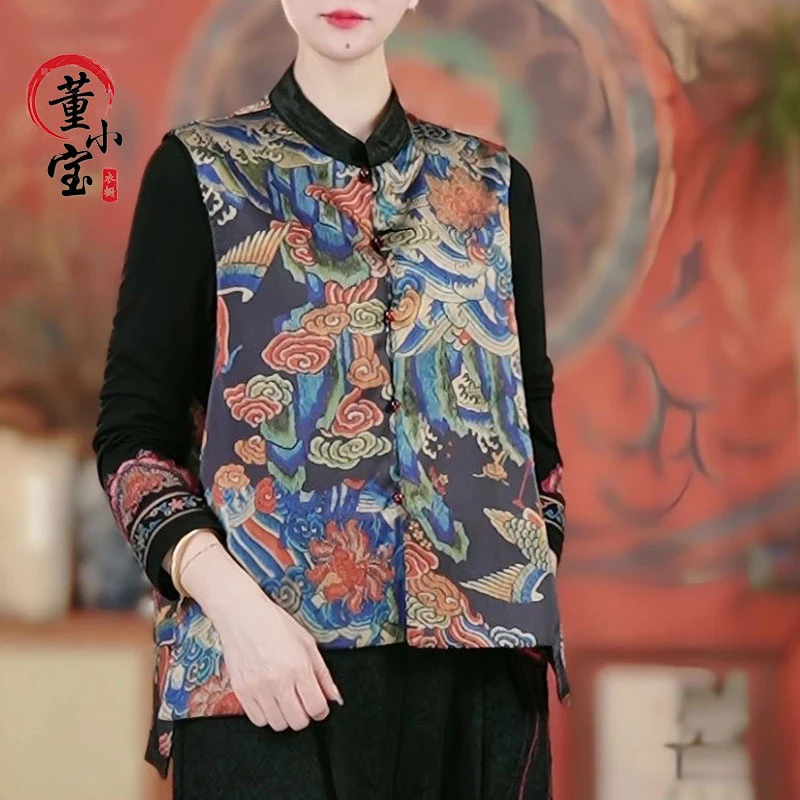 网红时尚双面双穿女士中国风马甲夏季立领提花气质优雅印花马夹