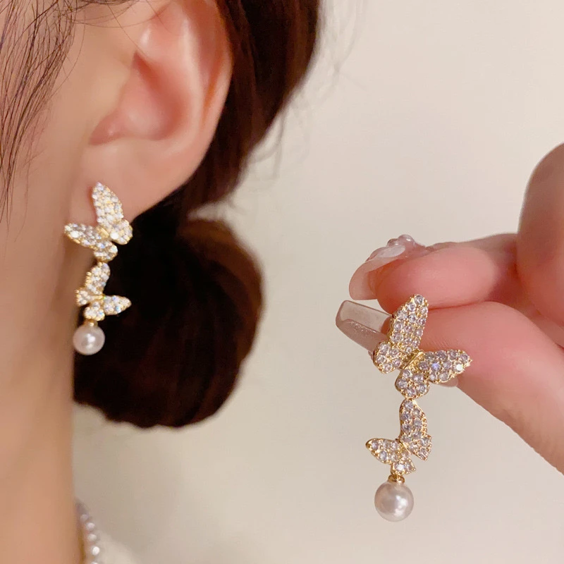 铜合金合成锆石耳饰 精致轻奢高级感微镶锆石蝴蝶珍珠流苏耳坠