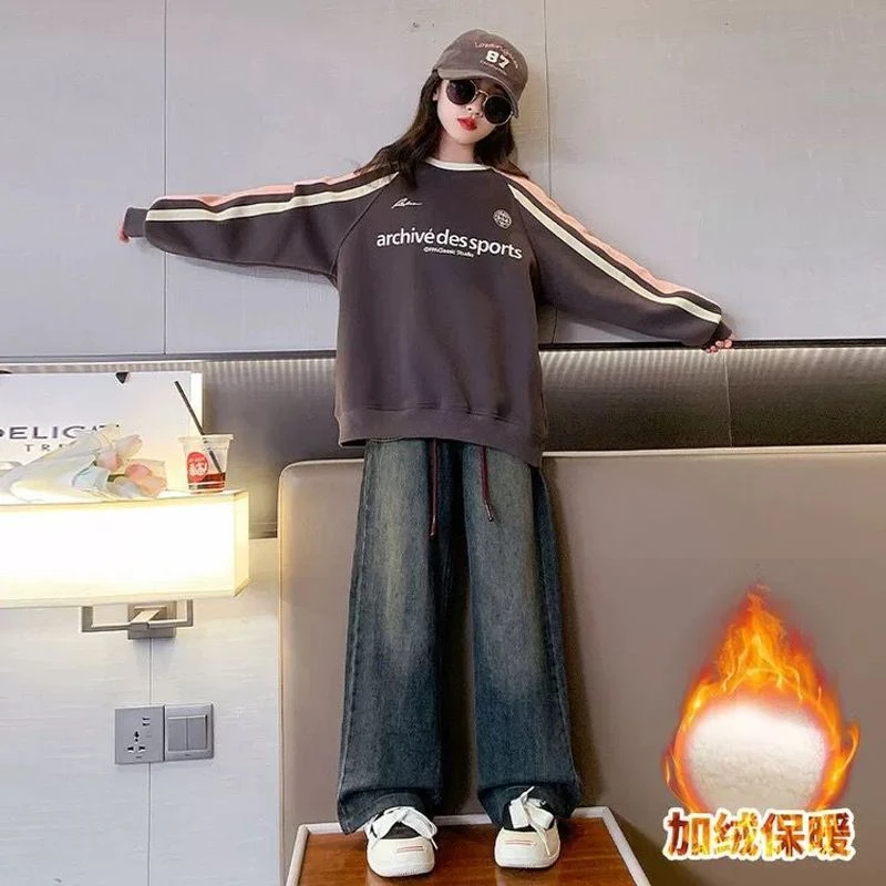 女童卫衣秋冬加绒新款儿童中大童套头织带拼色冬款冬季打底衫潮