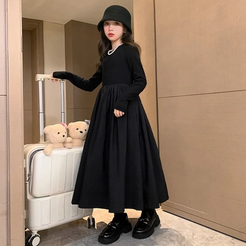 女童秋装连衣裙黑色2025新款洋气时髦儿童长裙女孩春秋季大童裙子