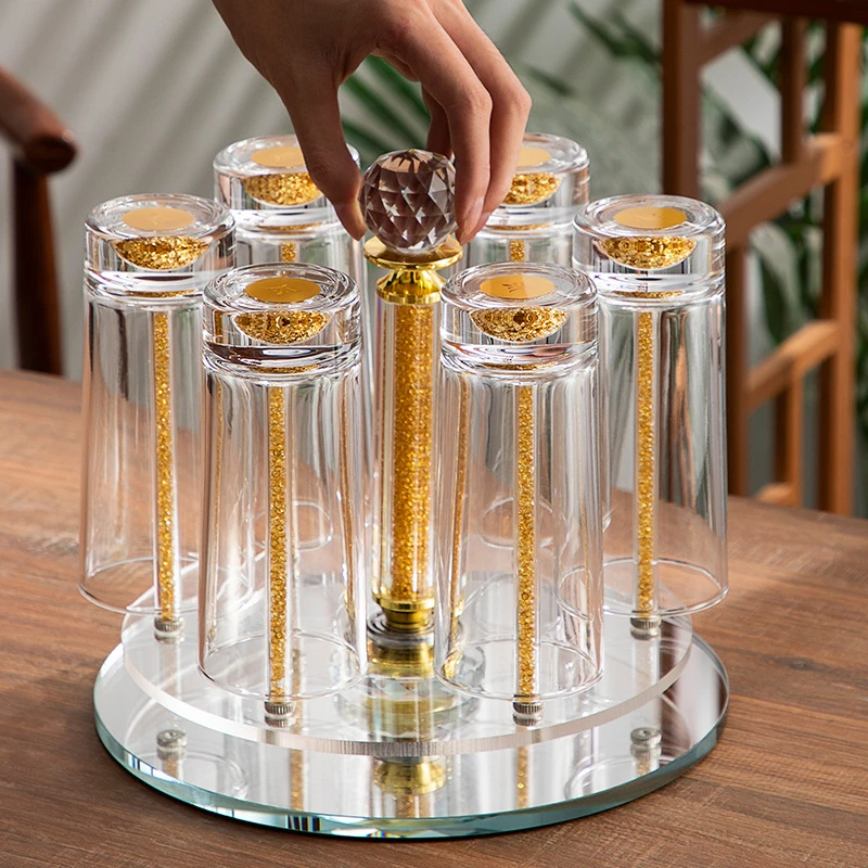 家用水杯套装带杯架金箔金山创意加厚水晶玻璃防烫耐热客厅待客杯