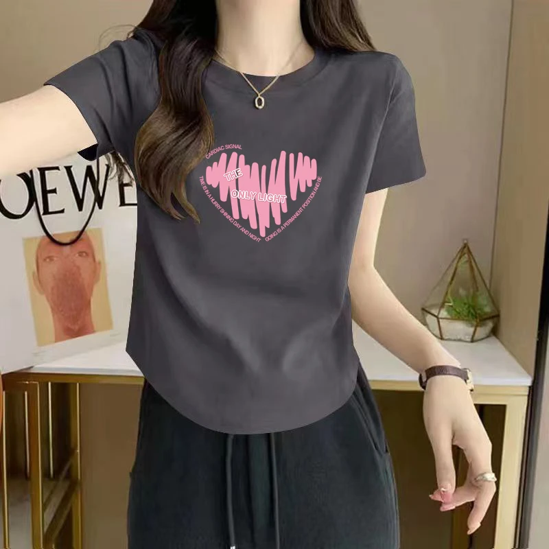 正肩高弹棉短袖t恤女2024年夏季新款不规则内搭显瘦圆领t恤上衣