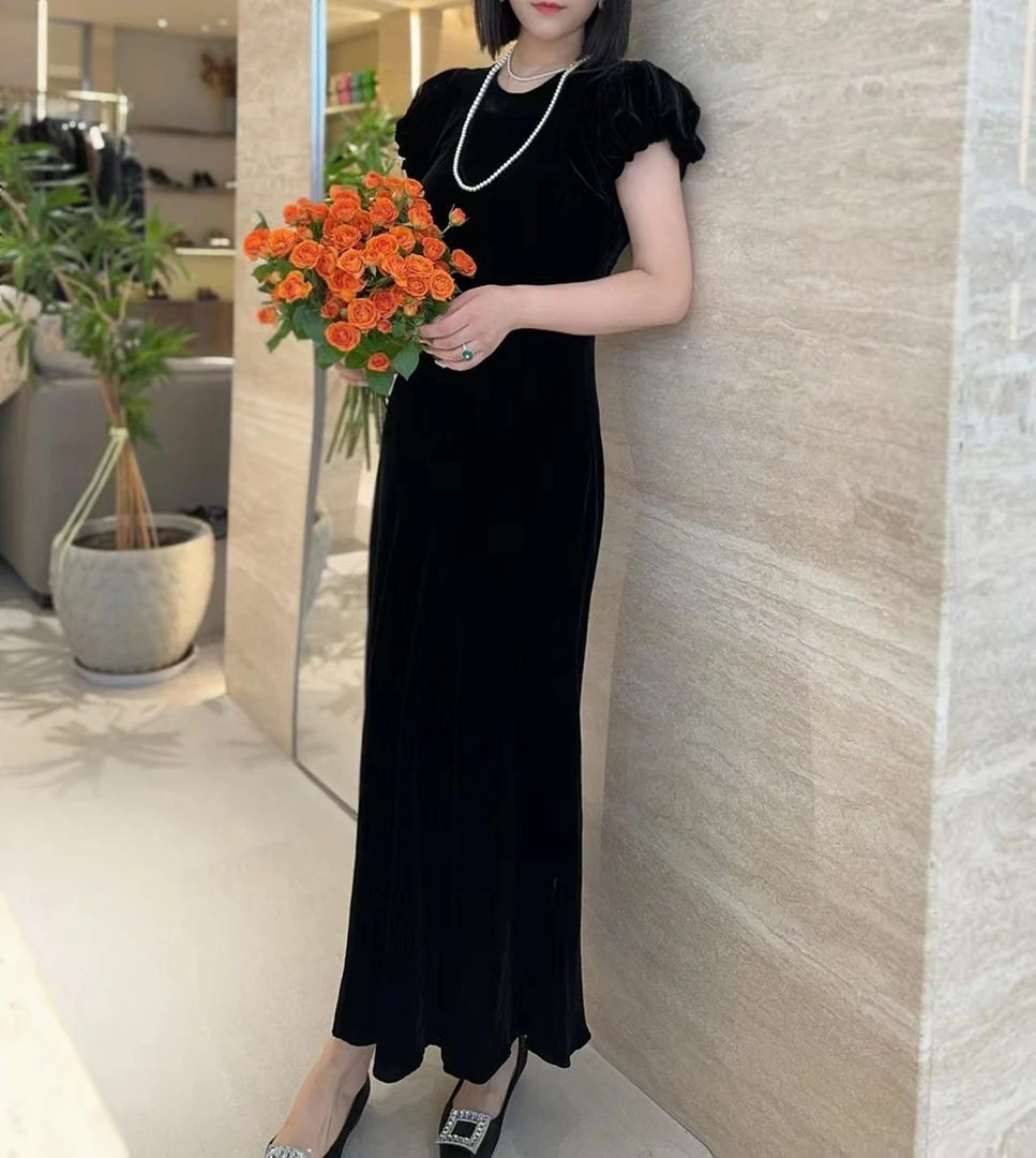 （VIVI）黑色丝绒连衣裙裙子长裙气质