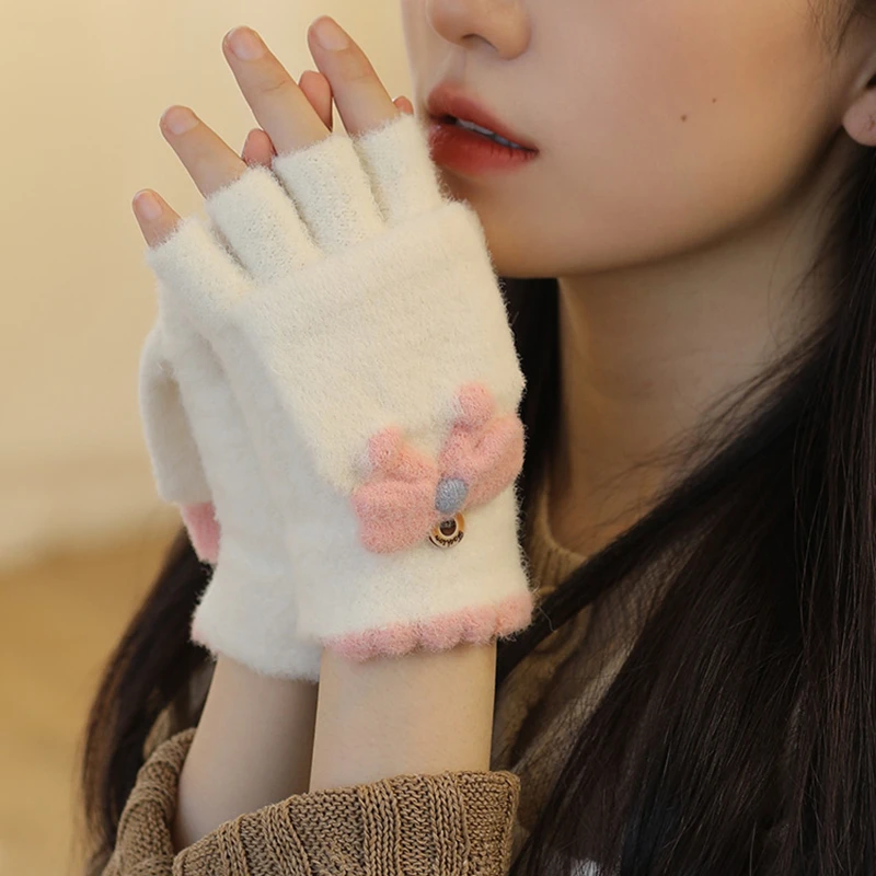 可爱手套女冬天加厚学生写字半指翻盖手套冬季保暖针织毛线加绒