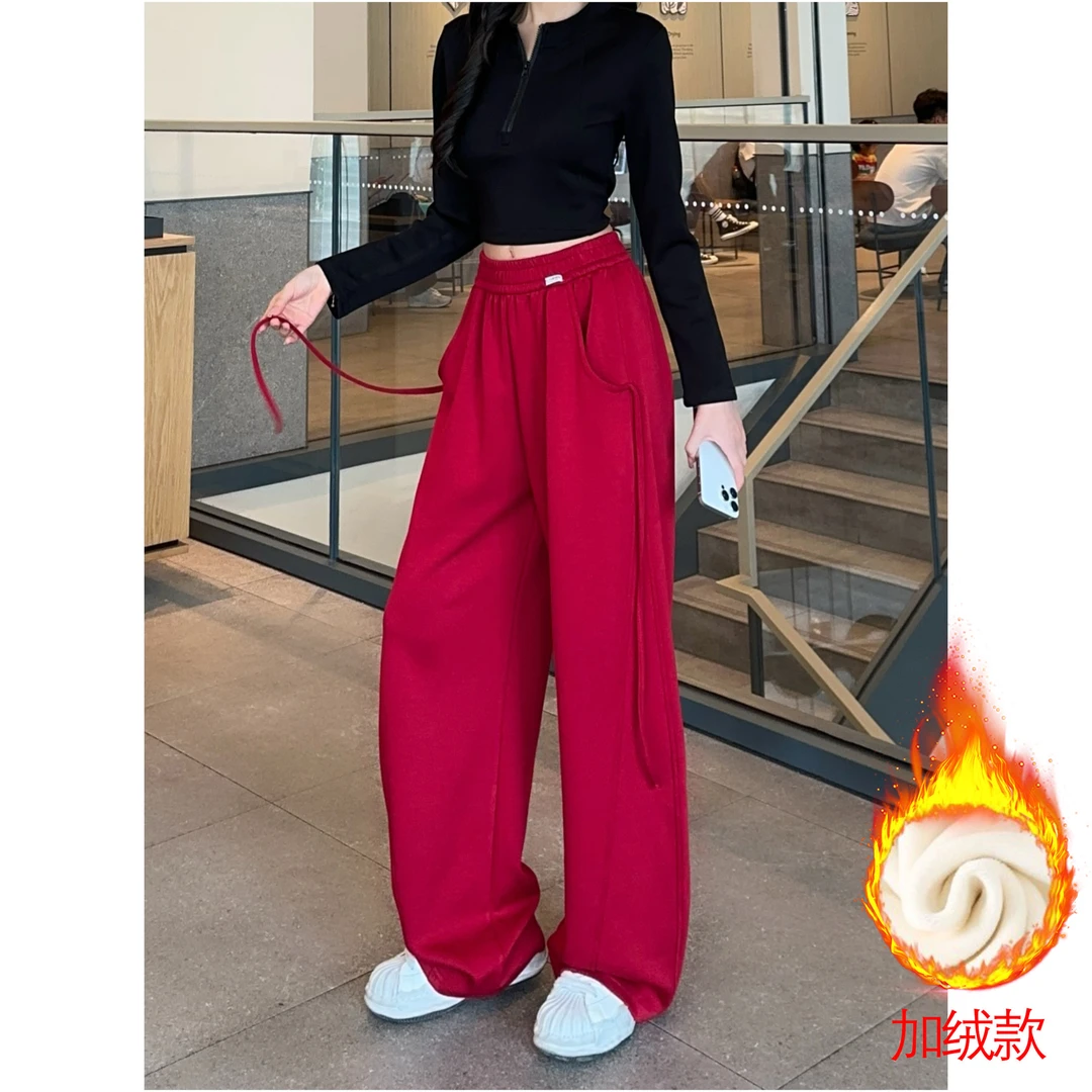 加绒女裤秋冬设计感抽条香蕉裤高腰垂感显瘦休闲运动风加绒卫裤女